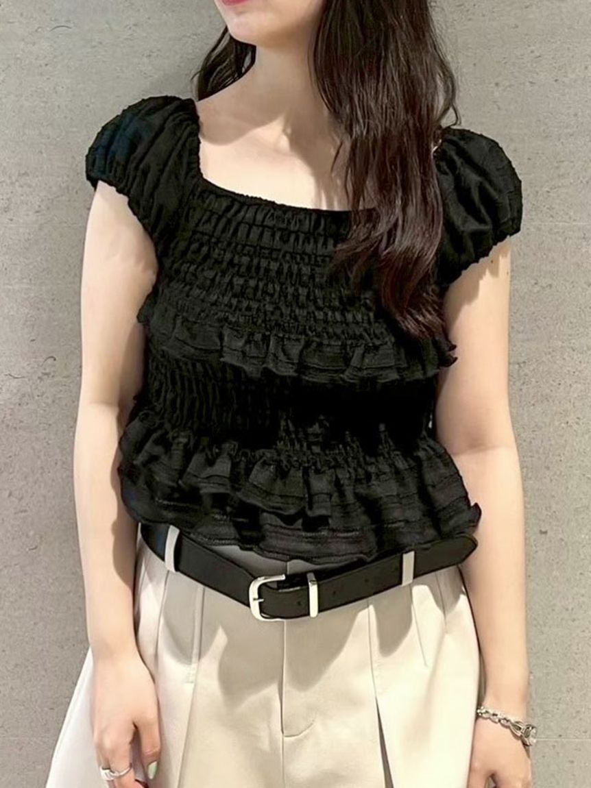 LILY BROWN「シャーリングフリルトップス」|Tシャツ・カットソー|BLK