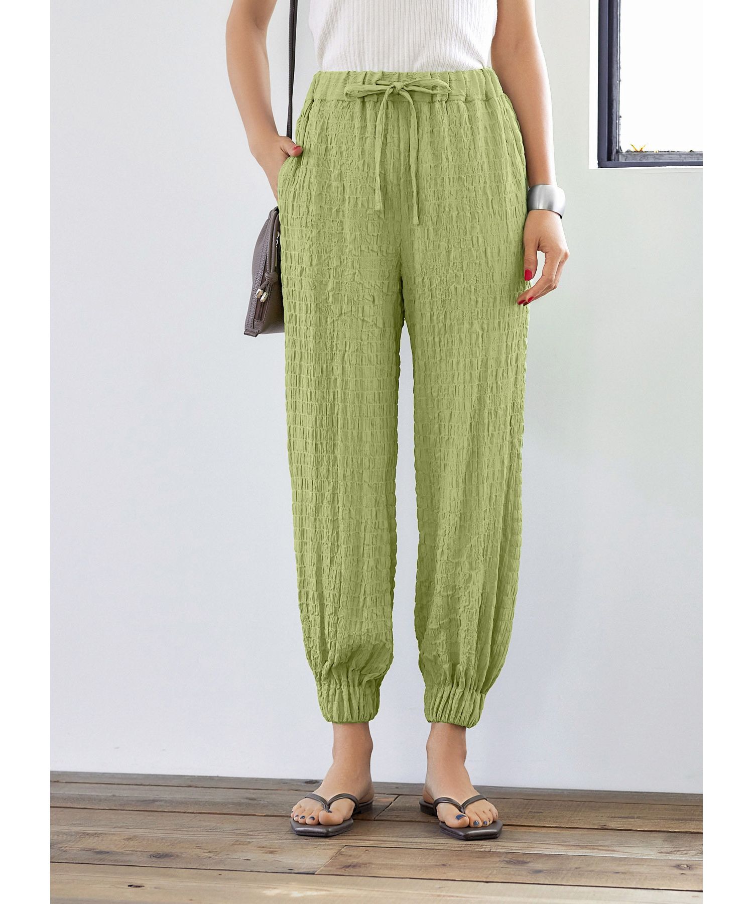 STYLE DELI「【LUXE】シャーリングプリーツジョガーパンツ」|サルエル|ピスタチオ