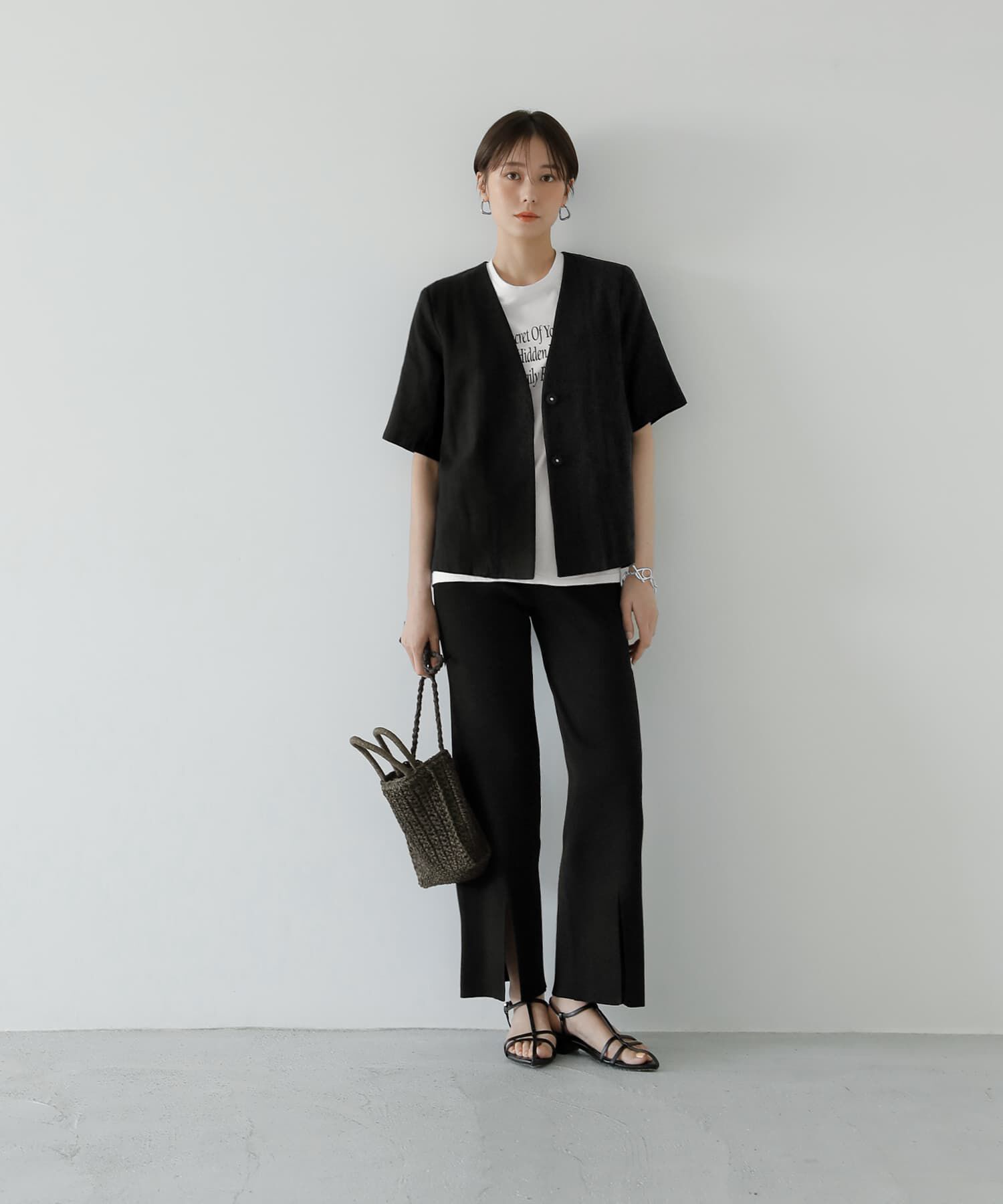 STYLE DELI「綿麻ノーカラー半袖ジャケット」|ノーカラージャケット|