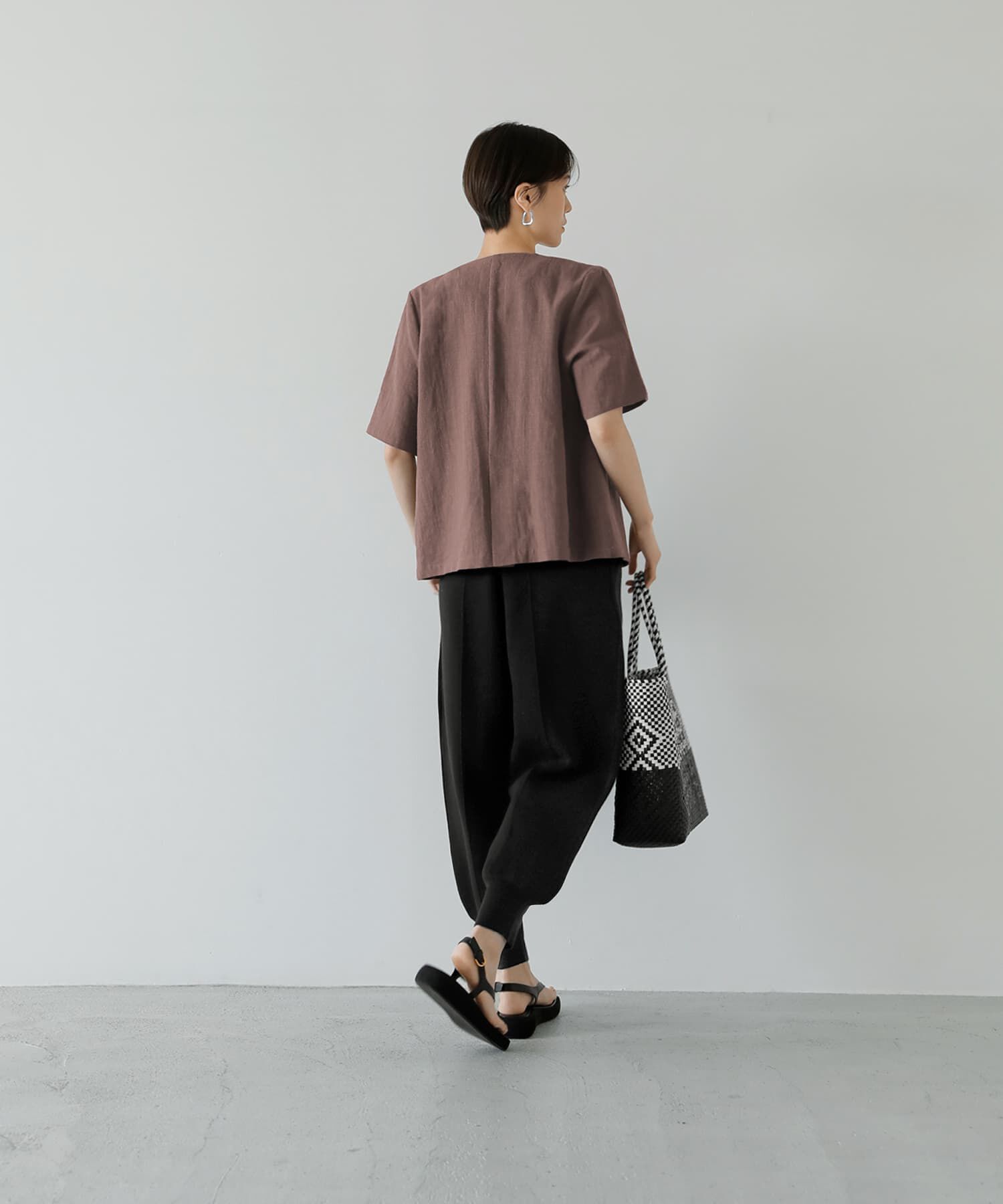 STYLE DELI「綿麻ノーカラー半袖ジャケット」|ノーカラージャケット|