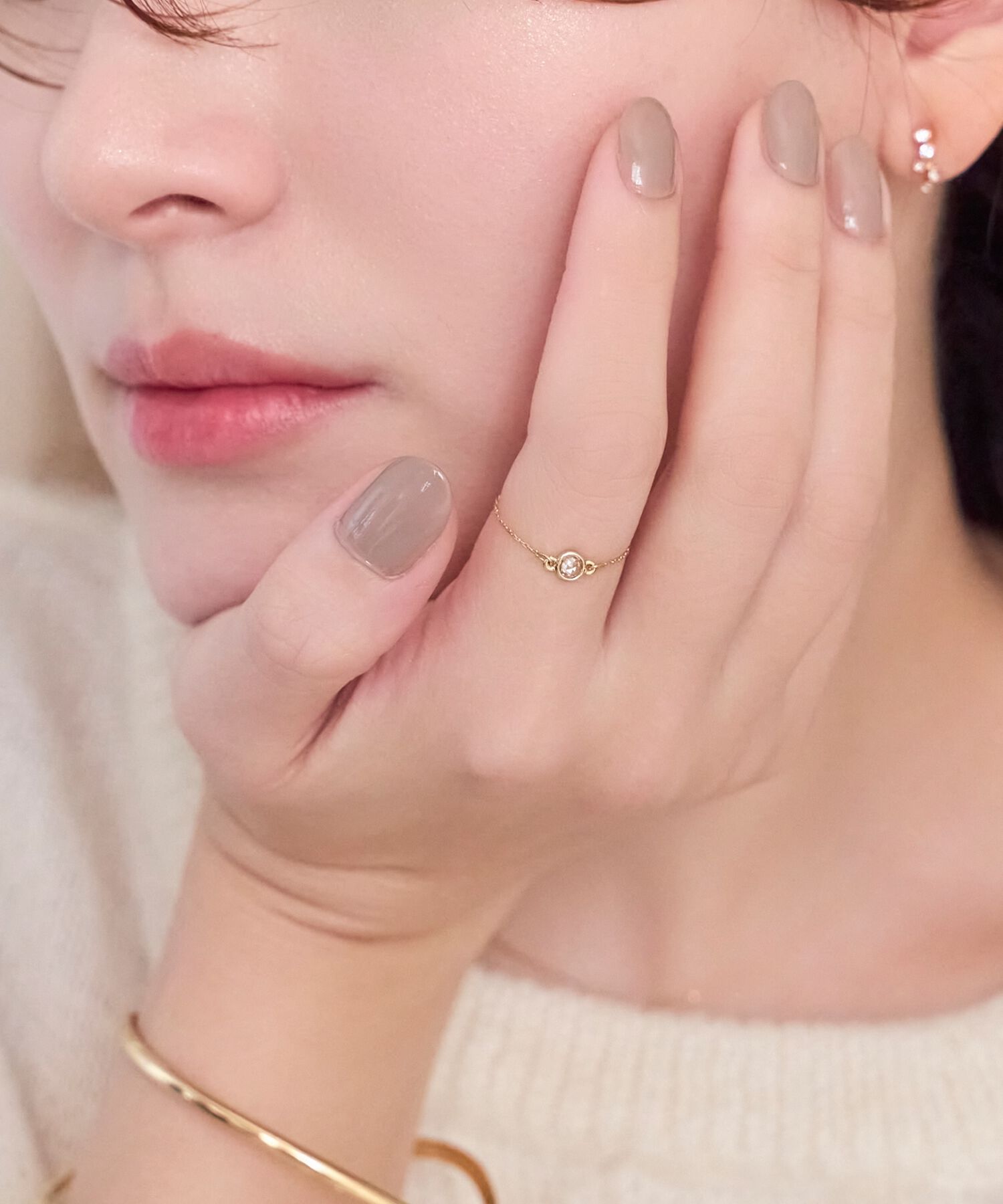 Phoebe「≪サイズ調整可能≫【金属アレルギー対応】プチベゼルストーンチェーンリング　ゴールド」|リング|