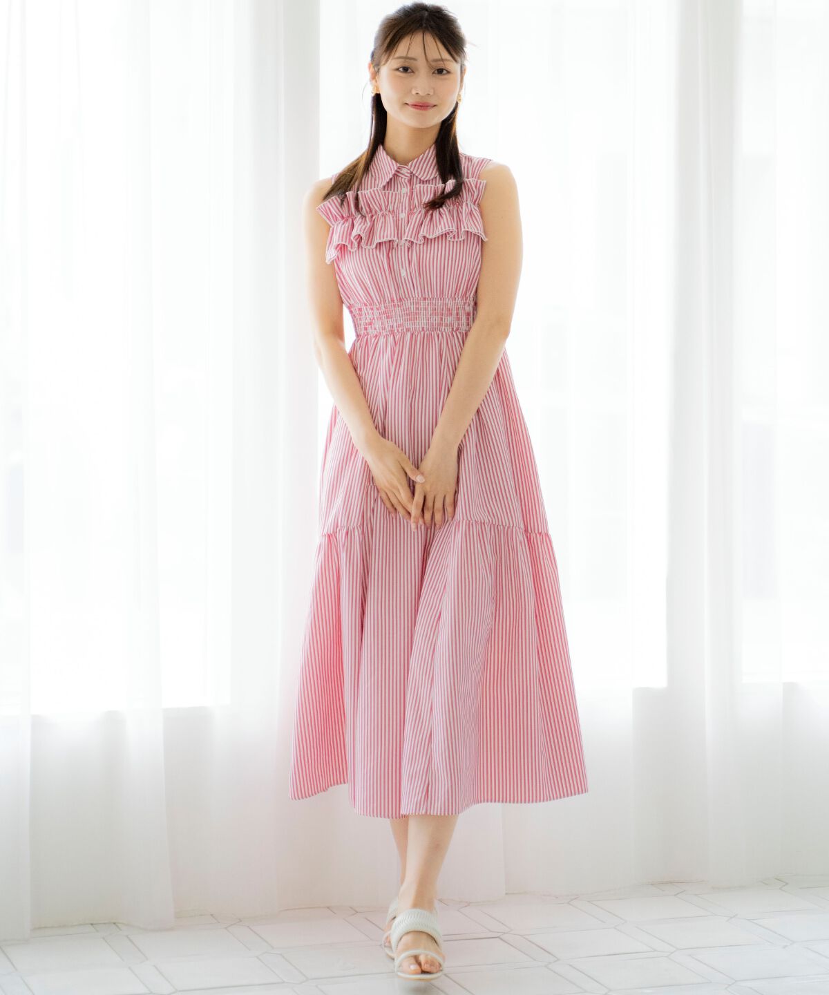 アンドクチュール「ヨークフリルストライプシャツワンピース」|ワンピース|