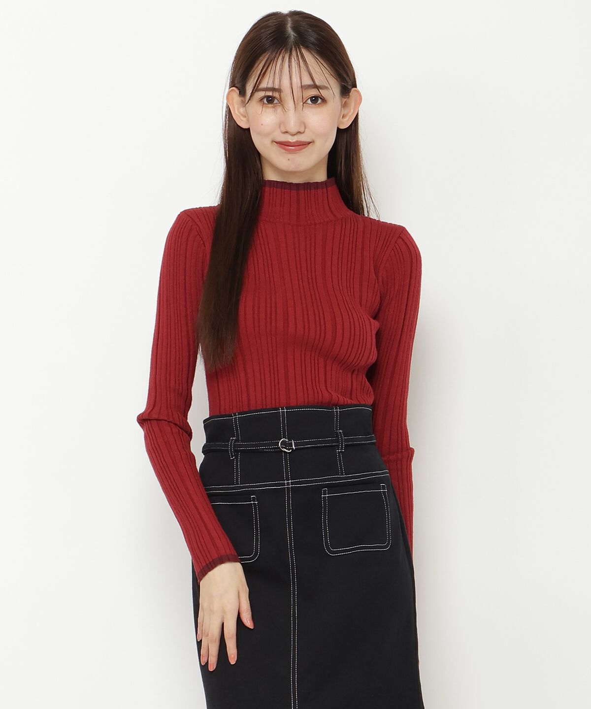 REDYAZEL「バイカラータートルニット」|ニット・セーター|レッド