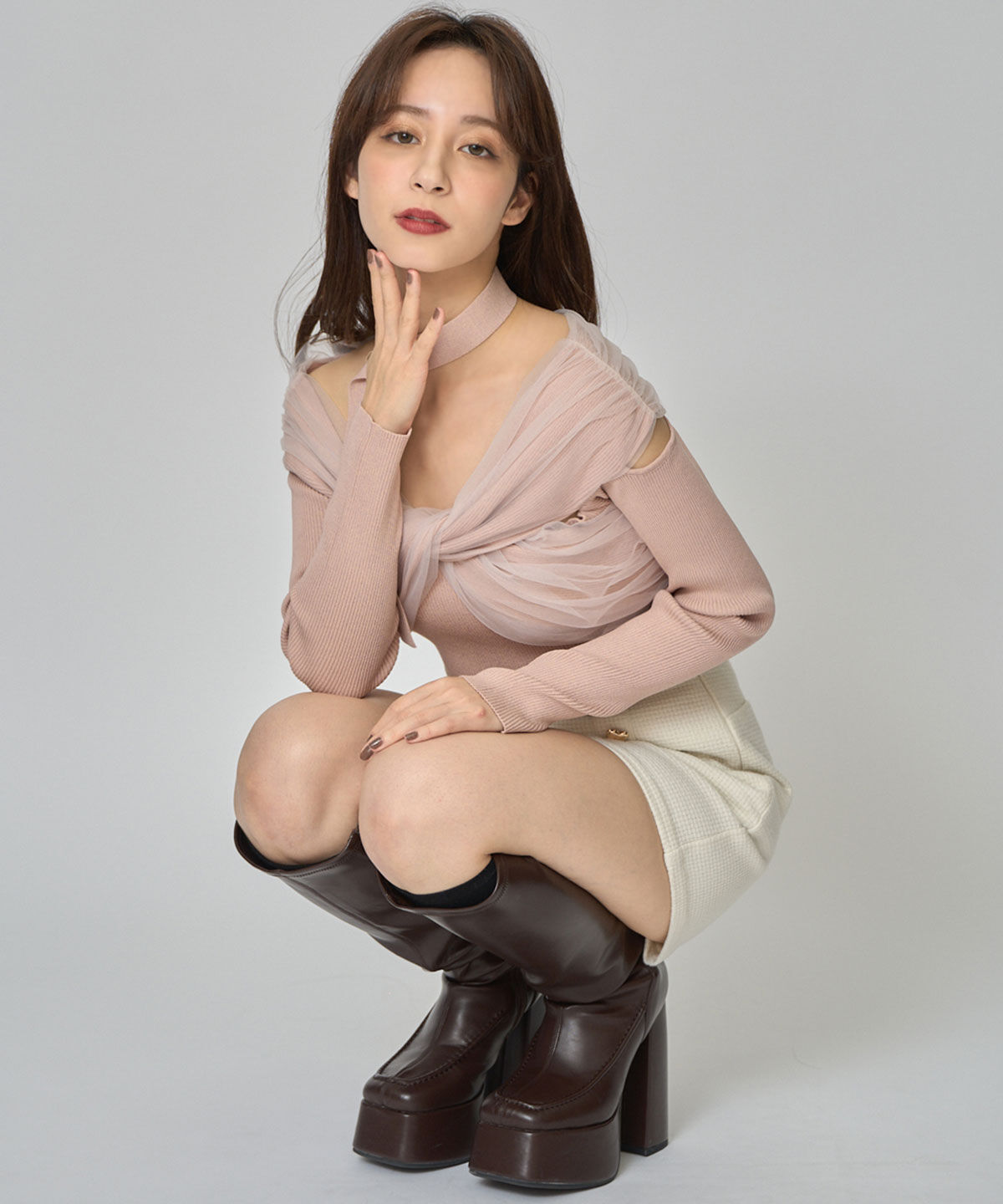 REDYAZEL「チョーカークロスチュールニットトップス」|ニット・セーター|