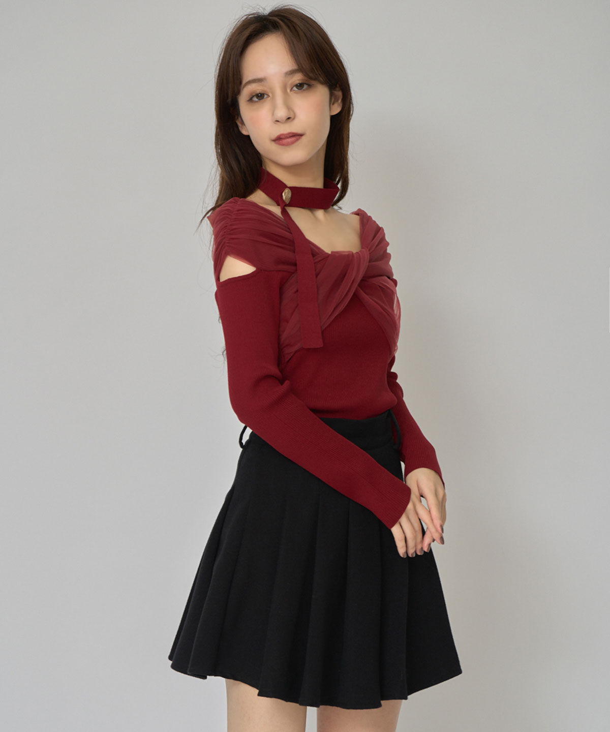 REDYAZEL「チョーカークロスチュールニットトップス」|ニット・セーター|