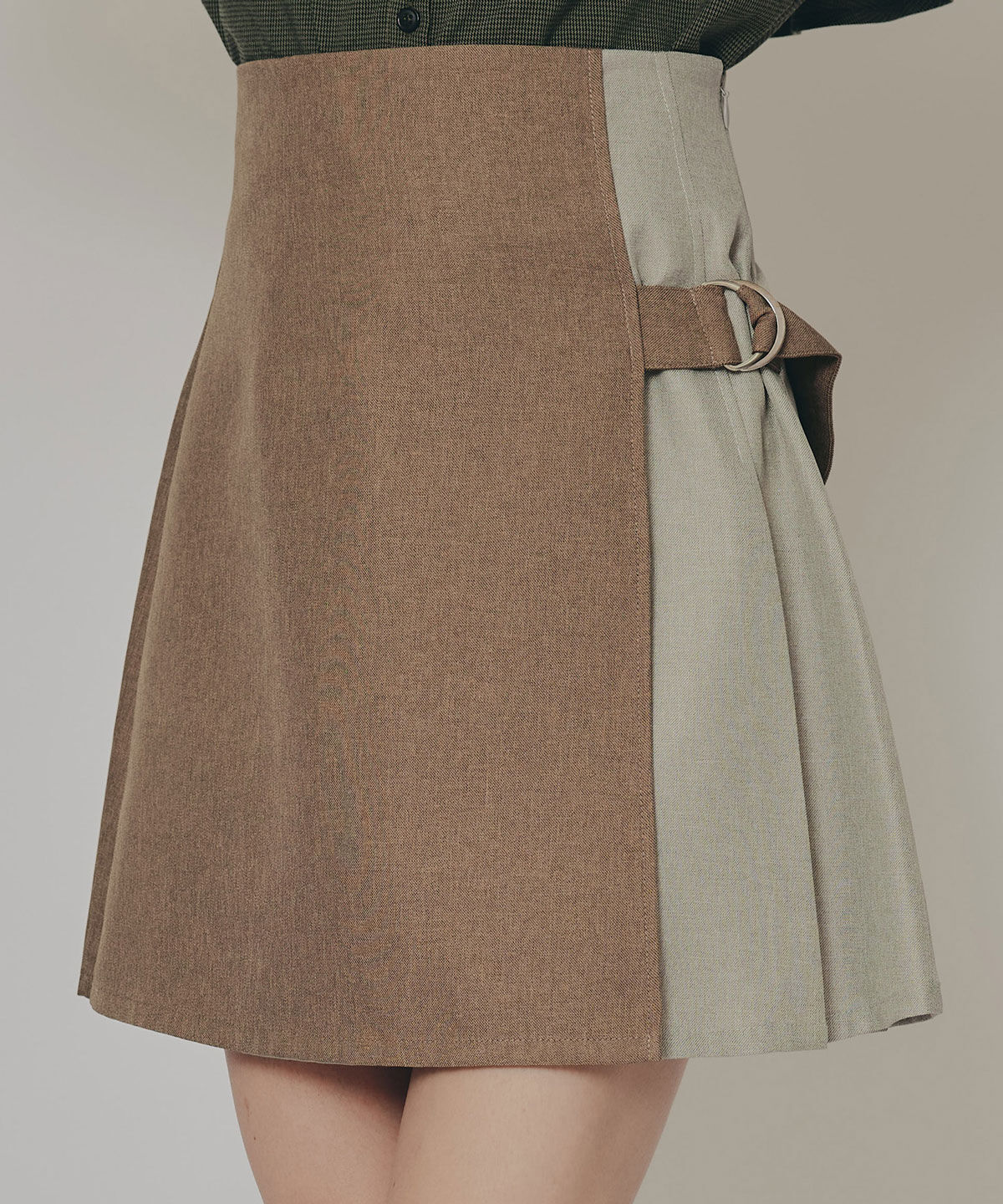 REDYAZEL「バイカラーアシメプリーツミニスカート」|フレア|ブラウン