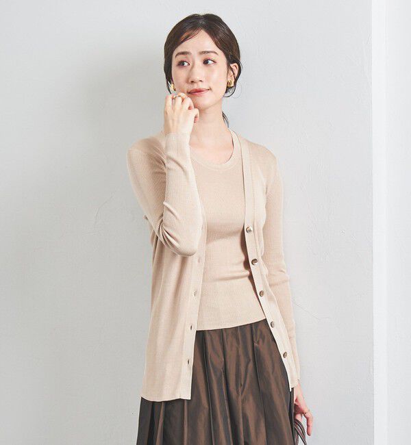 UNITED ARROWS「シルクリブ Vネック ロングカーディガン」|カーディガン|BEIGE