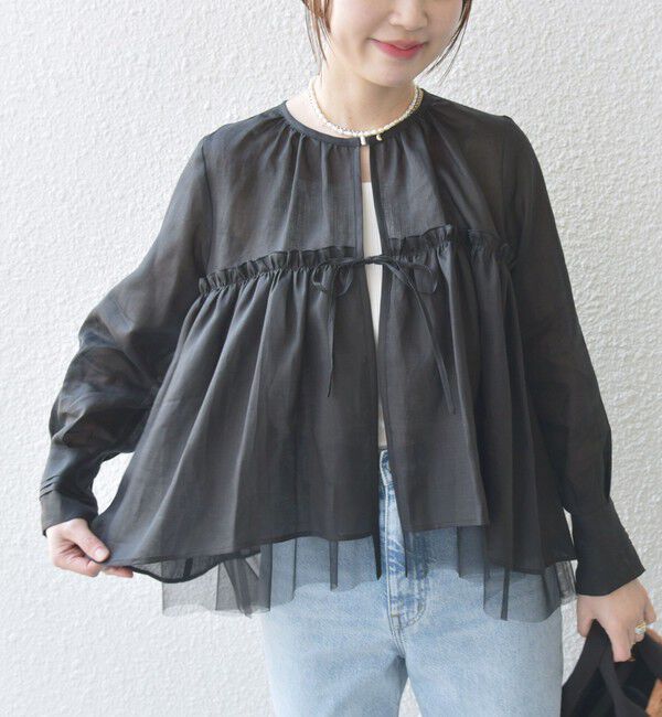 SHIPS for women「*〈手洗い可能〉ペーパー リネン フリル 羽織 ブラウス」|シャツ・ブラウス|ブラック