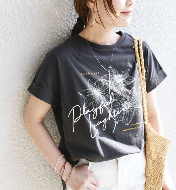 SHIPS for women「【WEB限定】〈手洗い可能〉フラワー 箔 プリント ロゴ TEE」|Tシャツ・カットソー|ダークグレー