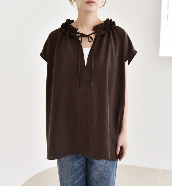 quaranciel「quaranciel:〈洗濯機可能〉フリルカラー リボン フレンチスリーブ ブラウス」|シャツ・ブラウス|