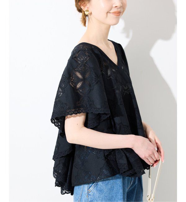 SLOBE IENA「レースフリルVネックブラウス」|シャツ・ブラウス|ブラック
