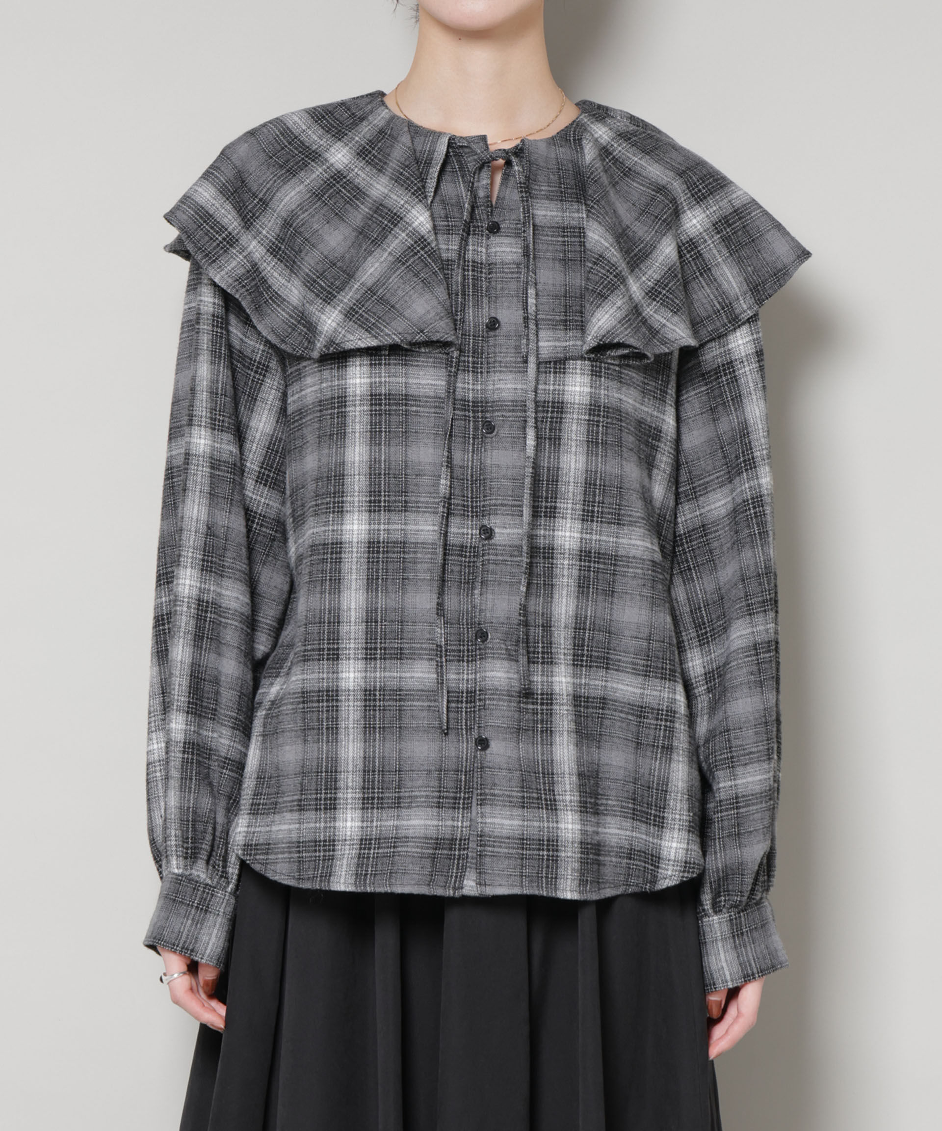 nano･universe「フリルカラーオンブレーチェックブラウス(セットアップ可)」|シャツ・ブラウス|