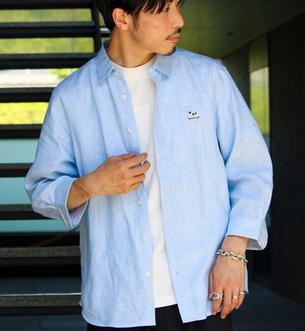 GLOSTER「【新色追加】【GLOSTER/グロスター】フレンチブルドッグ刺繍 リネン 7分袖シャツ」|シャツ・ブラウス|サックス