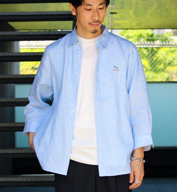 GLOSTER「【新色追加】【GLOSTER/グロスター】フレンチブルドッグ刺繍 リネン 7分袖シャツ」|シャツ・ブラウス|