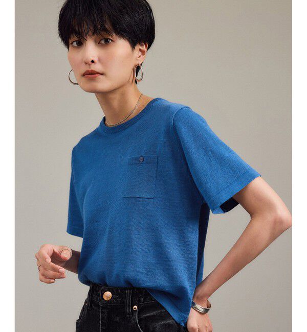 SALON adam et rope'「クロップドハーフスリーブリネンニット［ドライタッチ・洗える］」|Tシャツ・カットソー|ブルー(44)