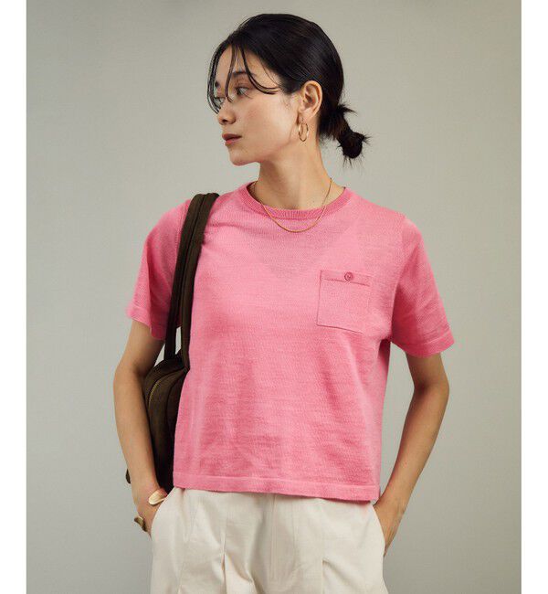 SALON adam et rope'「クロップドハーフスリーブリネンニット［ドライタッチ・洗える］」|Tシャツ・カットソー|ピンク(63)