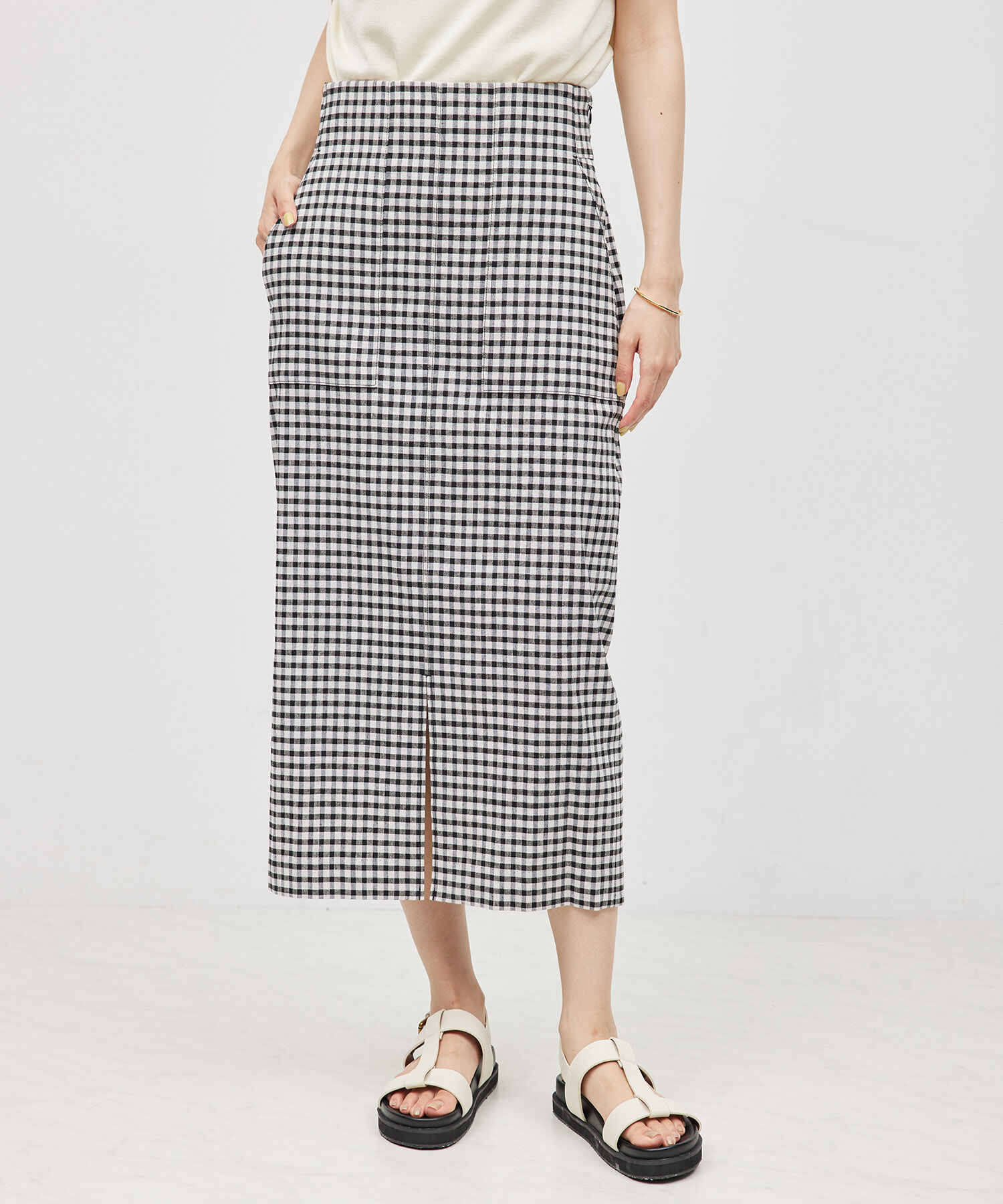 ROPE「【洗える】【新色追加】コットンリネンポケット付きタイトスカート」|スカート|ブラック系(02)