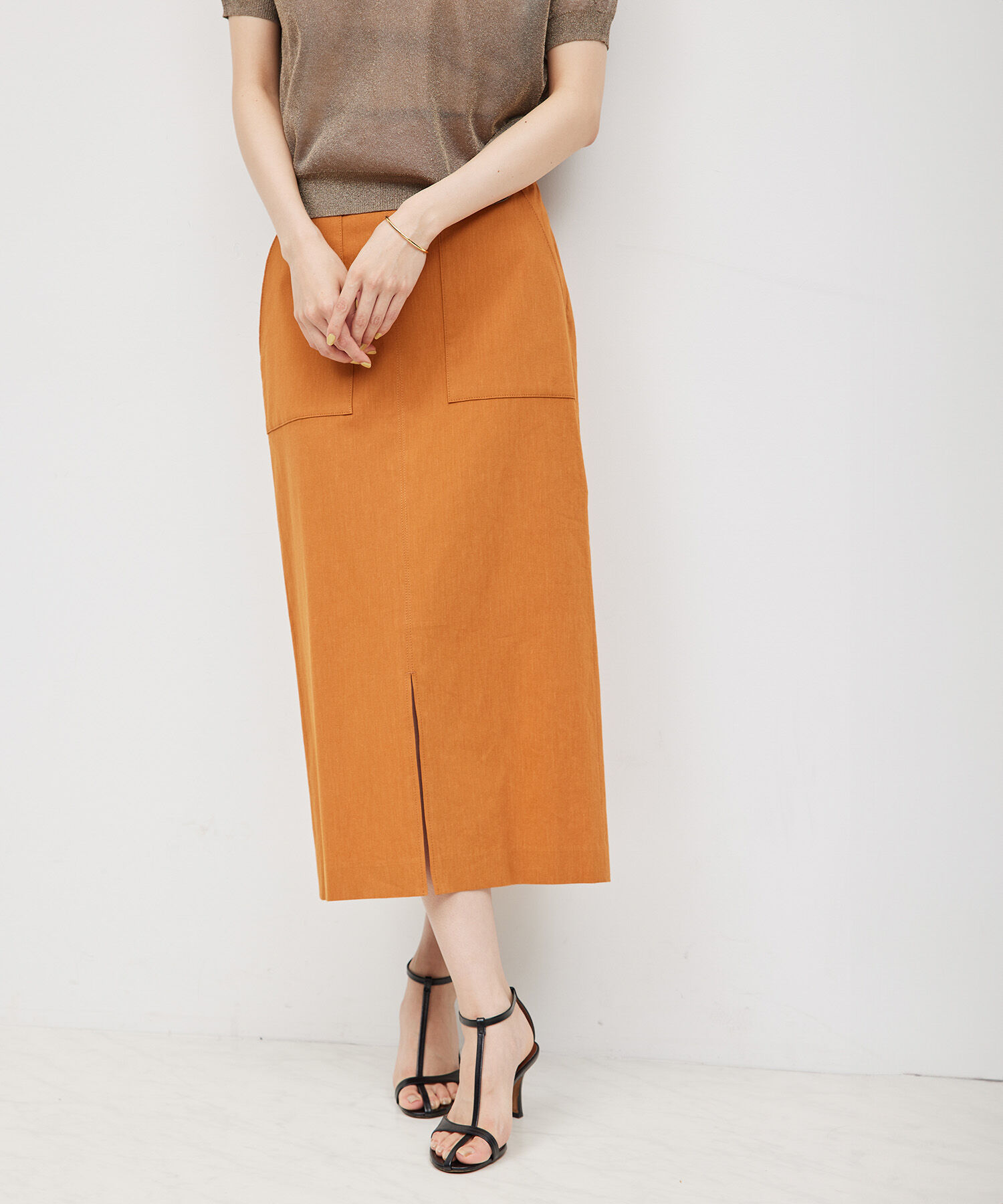 ROPE「【洗える】【新色追加】コットンリネンポケット付きタイトスカート」|スカート|オレンジ(70)