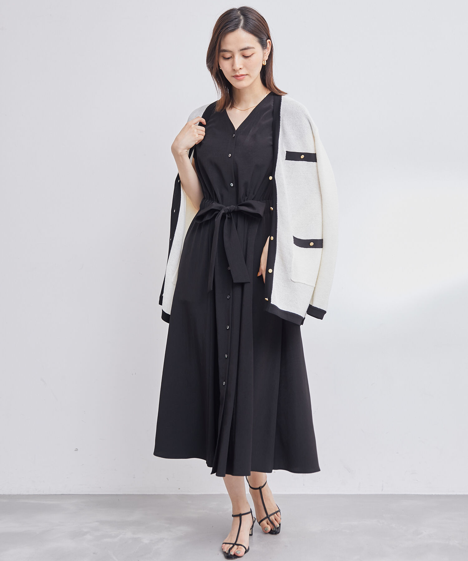 ROPE「幾何柄&無地 ウエストリボンワンピース」|ワンピース|ブラック(01)