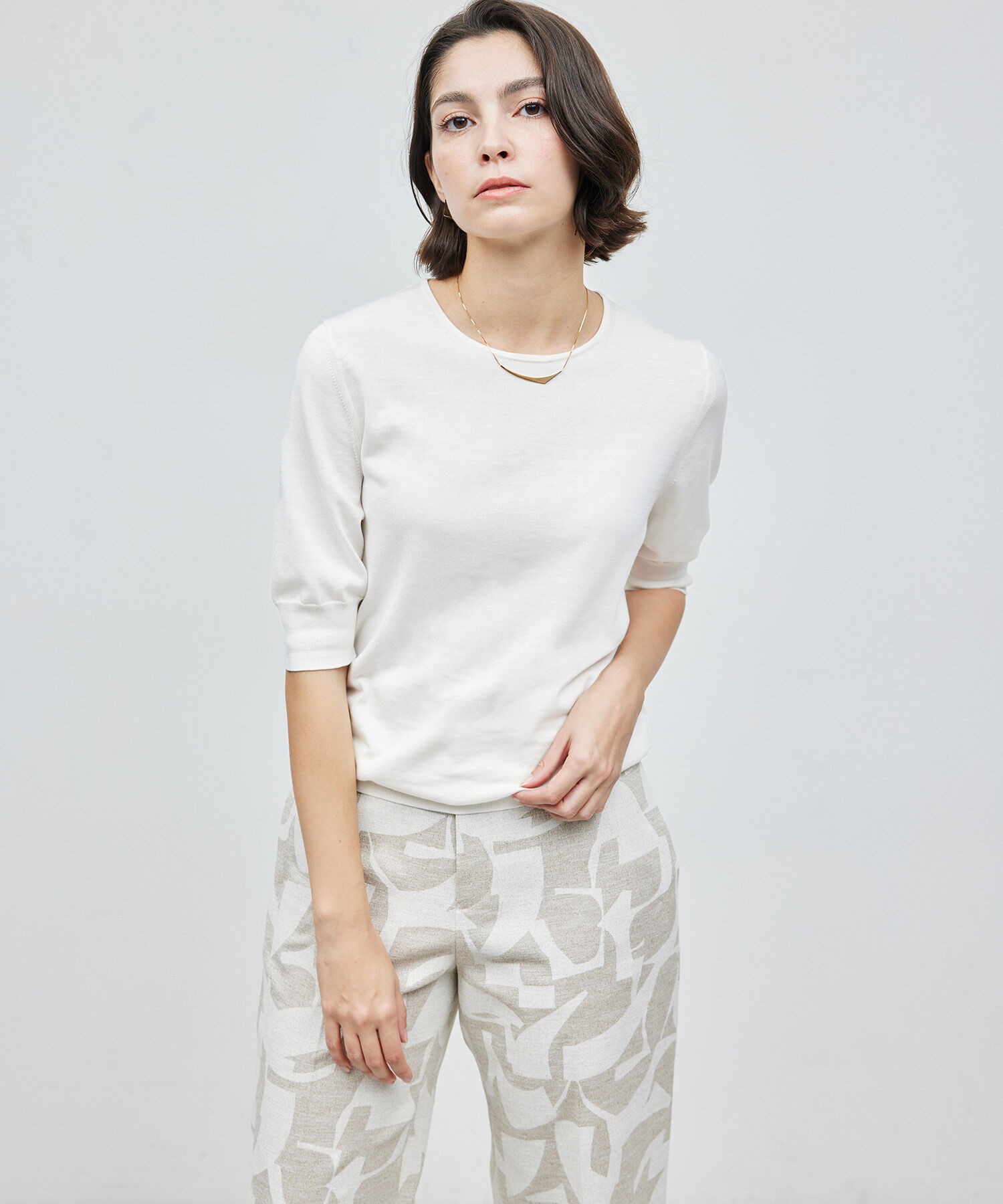 ROPE「【洗える/涼感】シルクコットンクルーネック五分袖プルオーバー【アンサンブル対応】」|ニット・セーター|オフホワイト(15)