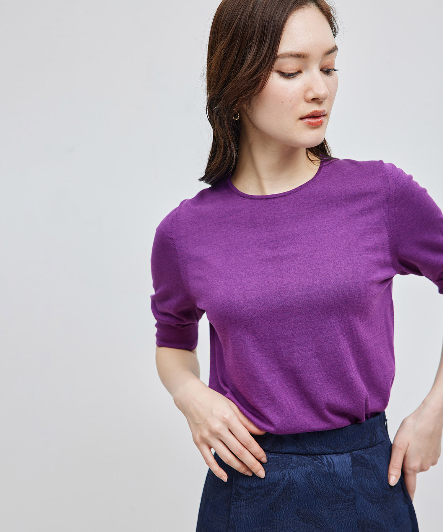 ROPE「【洗える/涼感】シルクコットンクルーネック五分袖プルオーバー【アンサンブル対応】」|ニット・セーター|パープル(50)