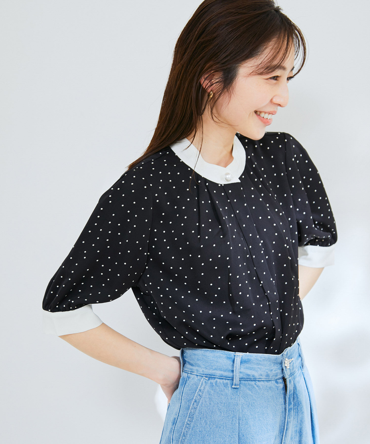 vis-a-vis「【WEB限定】バイカラーフロントタック5分袖ブラウス」|シャツ・ブラウス|