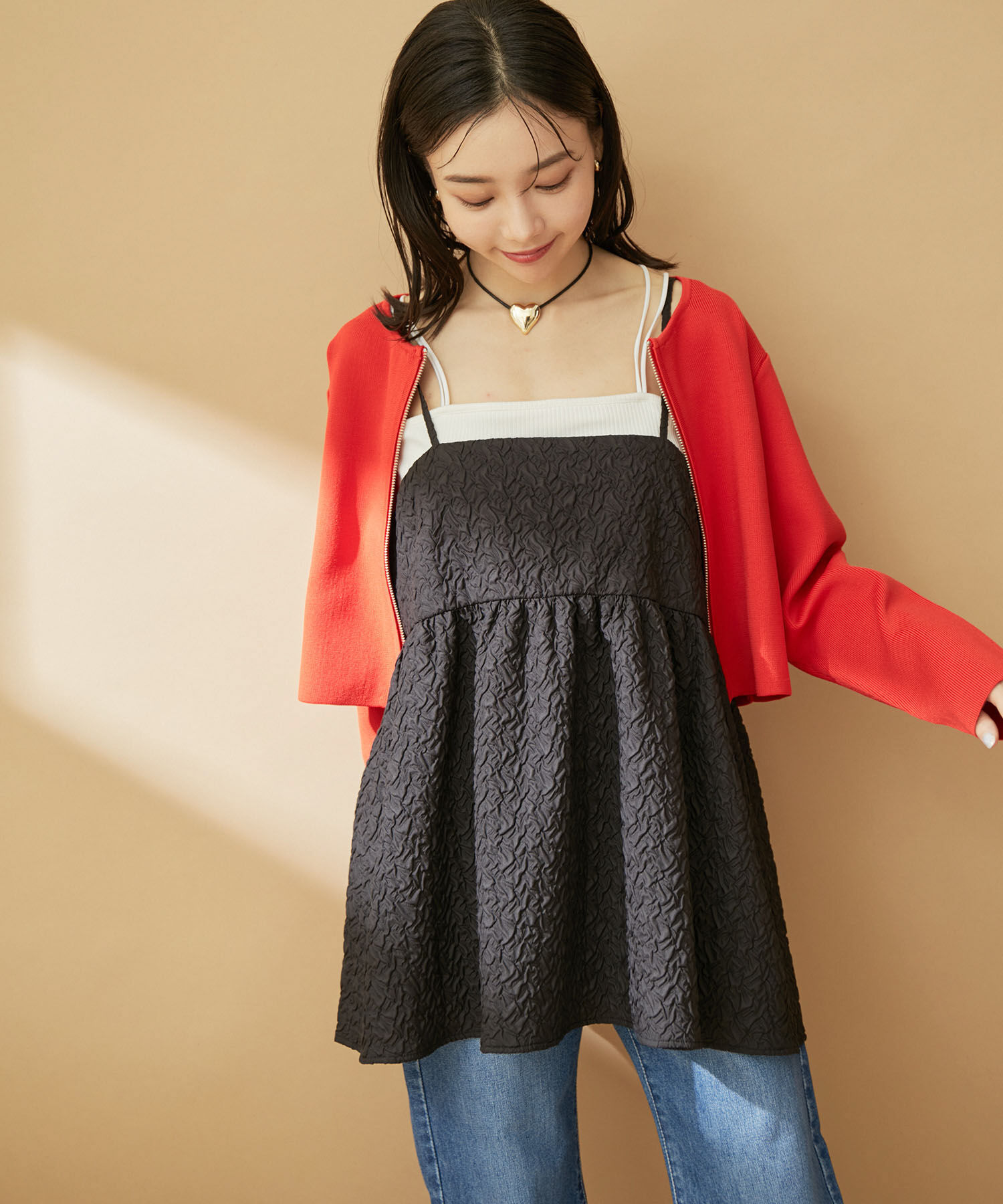 VIS「ふくれジャガードキャミトップス」|キャミソール|ブラック(01)