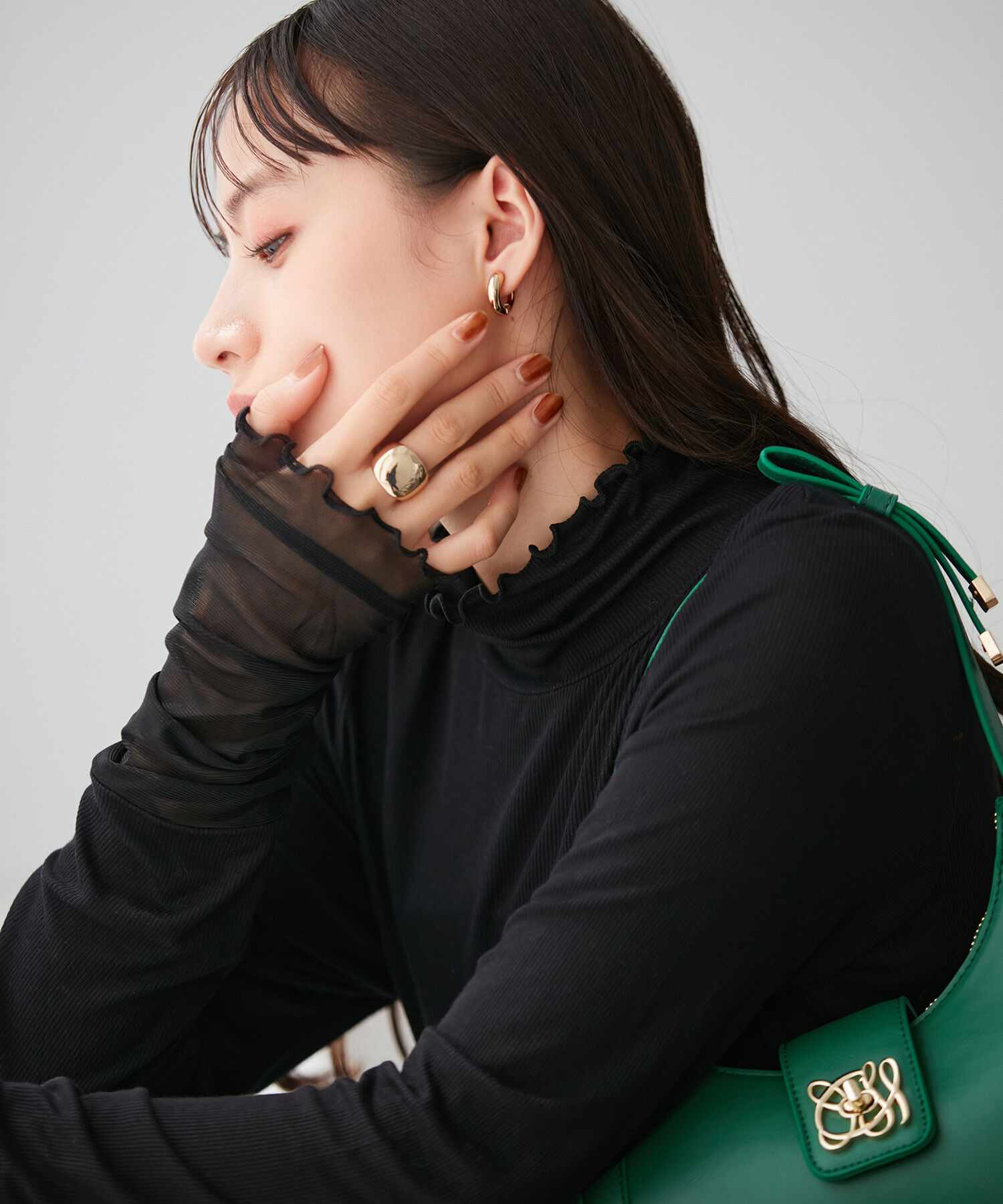 VIS「テレコ&times;シアーメッシュ袖切り替えハイネックプルオーバー」|Tシャツ・カットソー|