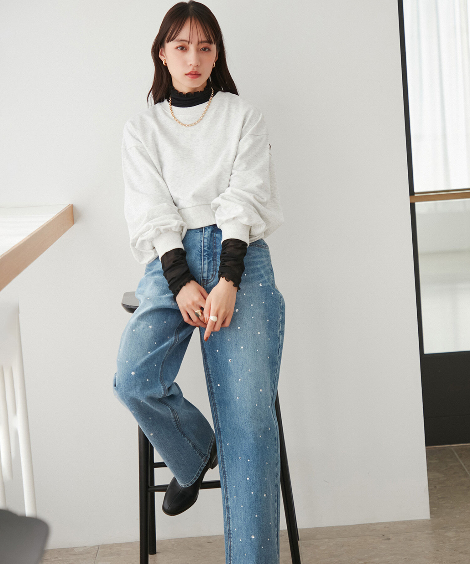 VIS「テレコ&times;シアーメッシュ袖切り替えハイネックプルオーバー」|Tシャツ・カットソー|