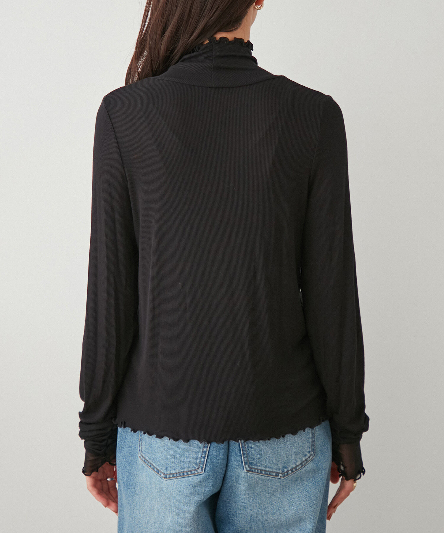 VIS「テレコ&times;シアーメッシュ袖切り替えハイネックプルオーバー」|Tシャツ・カットソー|