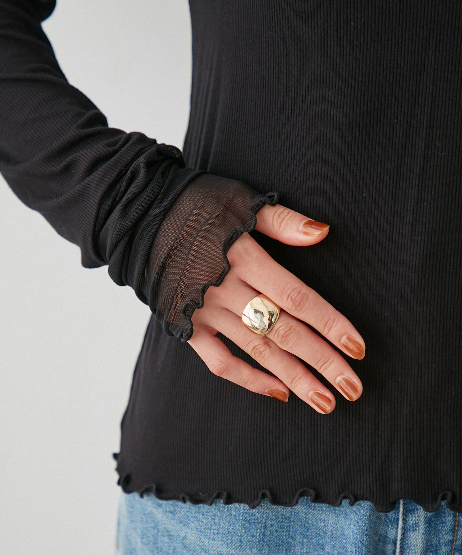 VIS「テレコ&times;シアーメッシュ袖切り替えハイネックプルオーバー」|Tシャツ・カットソー|