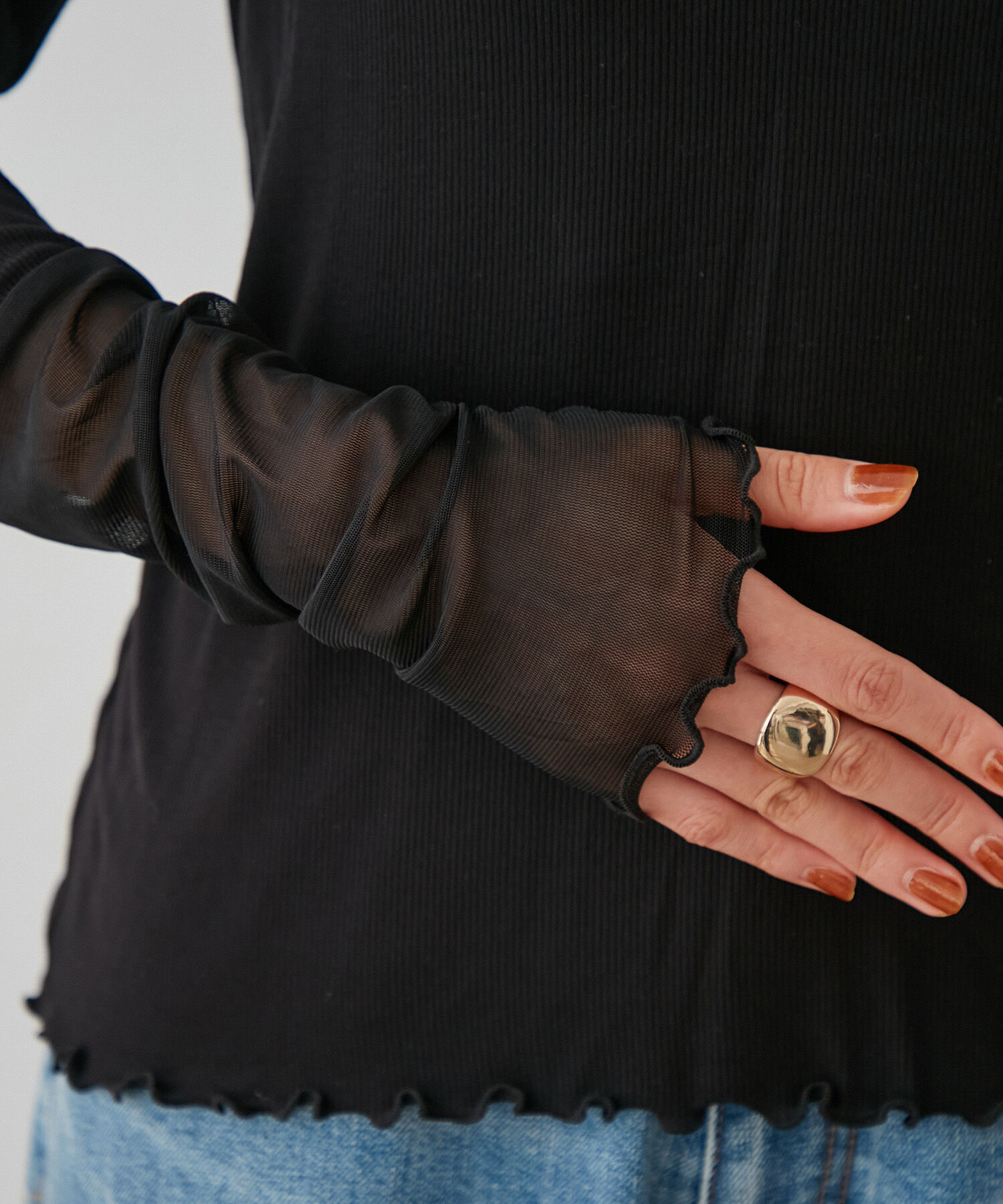 VIS「テレコ&times;シアーメッシュ袖切り替えハイネックプルオーバー」|Tシャツ・カットソー|