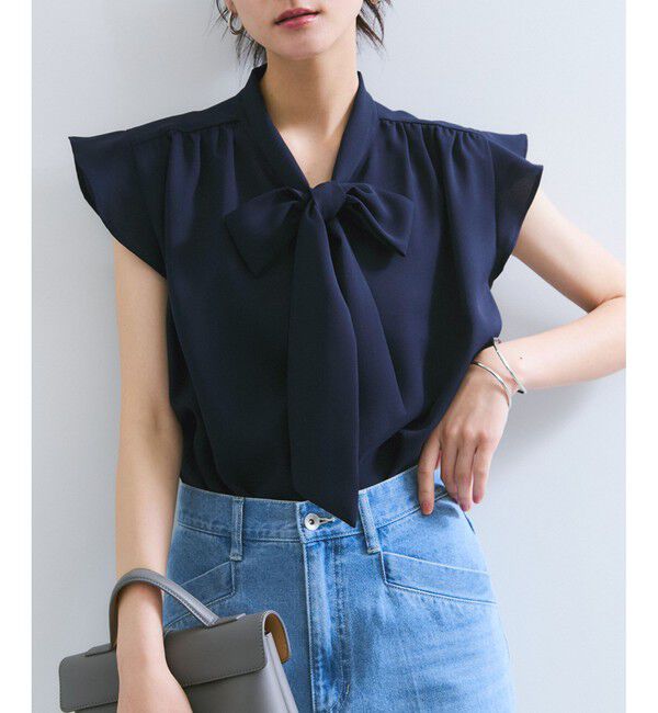 VIS「【WEB限定】【防シワ】フリルフレンチボウタイブラウス/通勤対応」|シャツ・ブラウス|ネイビー(40)