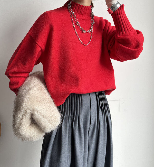  「【WEB限定】モッチリミドルゲージハイネックニット」|ニット・セーター|レッド