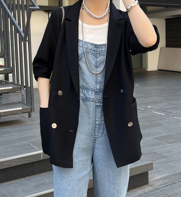  「【ウォッシャブル】5分袖シアーダブルジャケット」|テーラードジャケット|ブラック