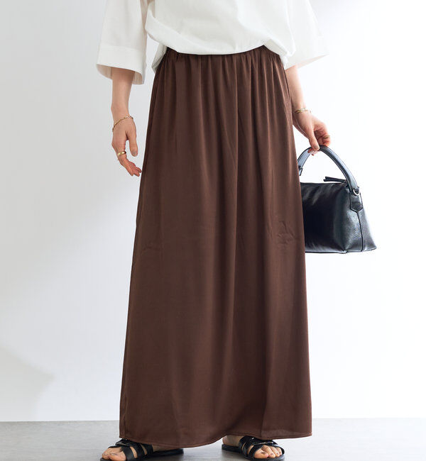 「《ウエスト総ゴム仕様》サテン楊柳ロングスカート」|スカート|