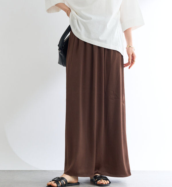  「《ウエスト総ゴム仕様》サテン楊柳ロングスカート」|スカート|
