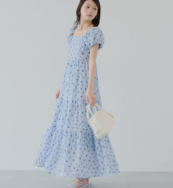  「2wayスリーブフラワーロングワンピース」|ワンピース|ブルー