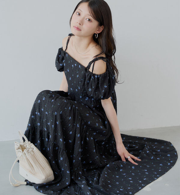  「2wayスリーブフラワーロングワンピース」|ワンピース|ブラック