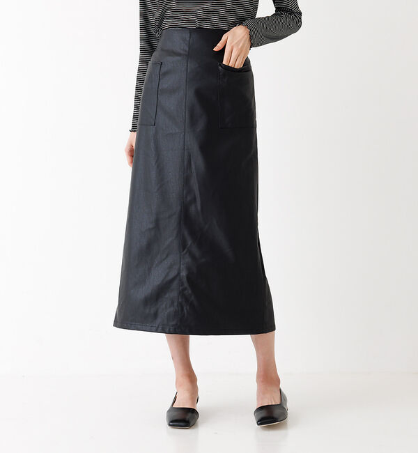 abahouse mavie「【新色登場！】フェイクスエード&レザータイトロングスカート」|スカート|ブラック