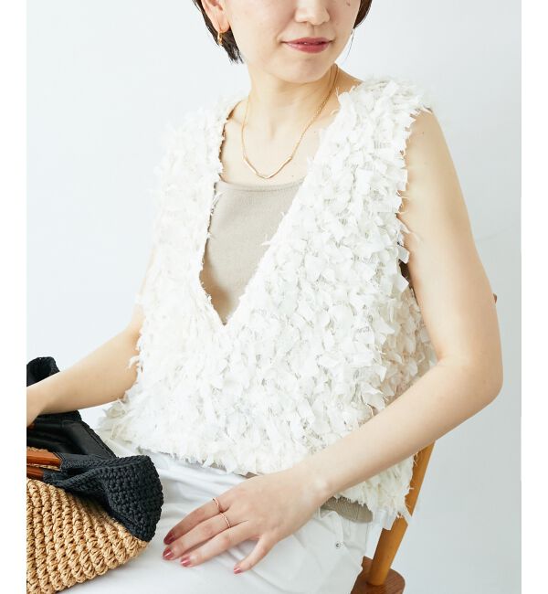  「《手洗い可能》リボンフリンジニットベスト」|ベスト・ジレ|アイボリー