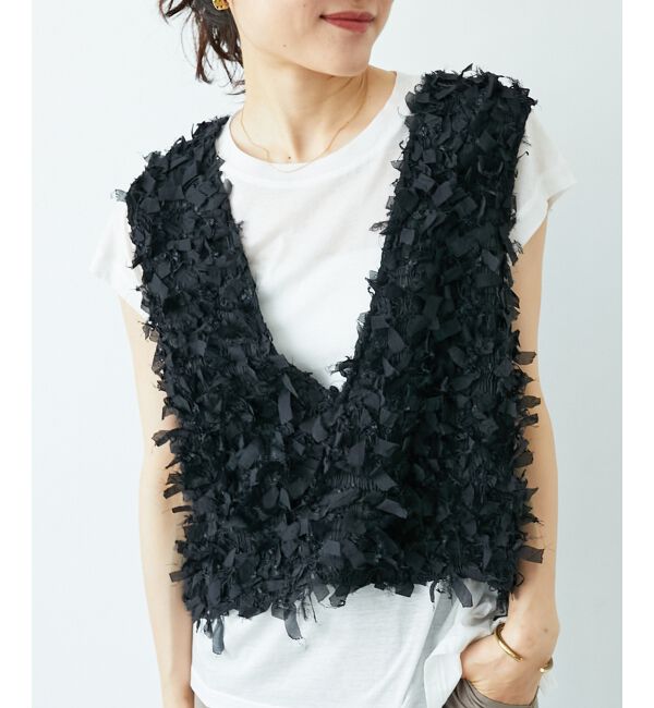  「《手洗い可能》リボンフリンジニットベスト」|ベスト・ジレ|