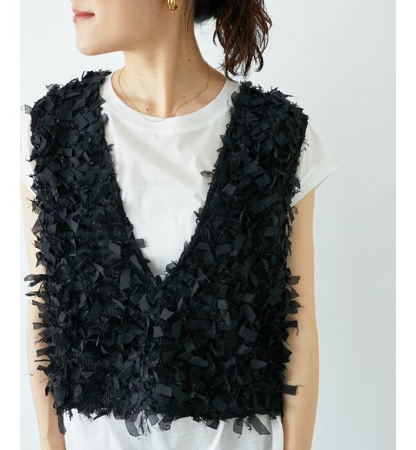  「《手洗い可能》リボンフリンジニットベスト」|ベスト・ジレ|