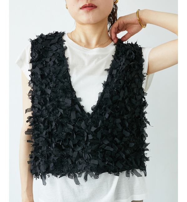  「《手洗い可能》リボンフリンジニットベスト」|ベスト・ジレ|