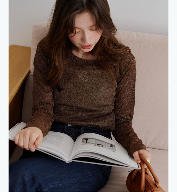 titivate「クルーネックラメシアートップス」|Tシャツ・カットソー|ブラウン