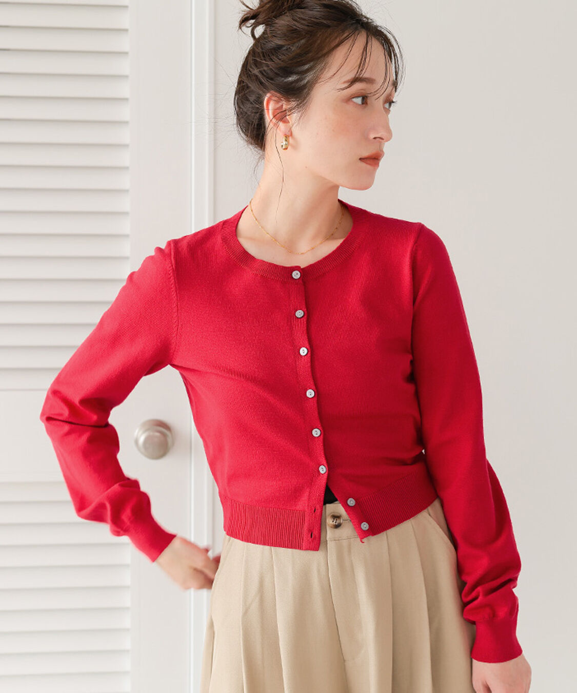 titivate「クルーネックニットカーディガン/トップス」|ニット・セーター|レッド