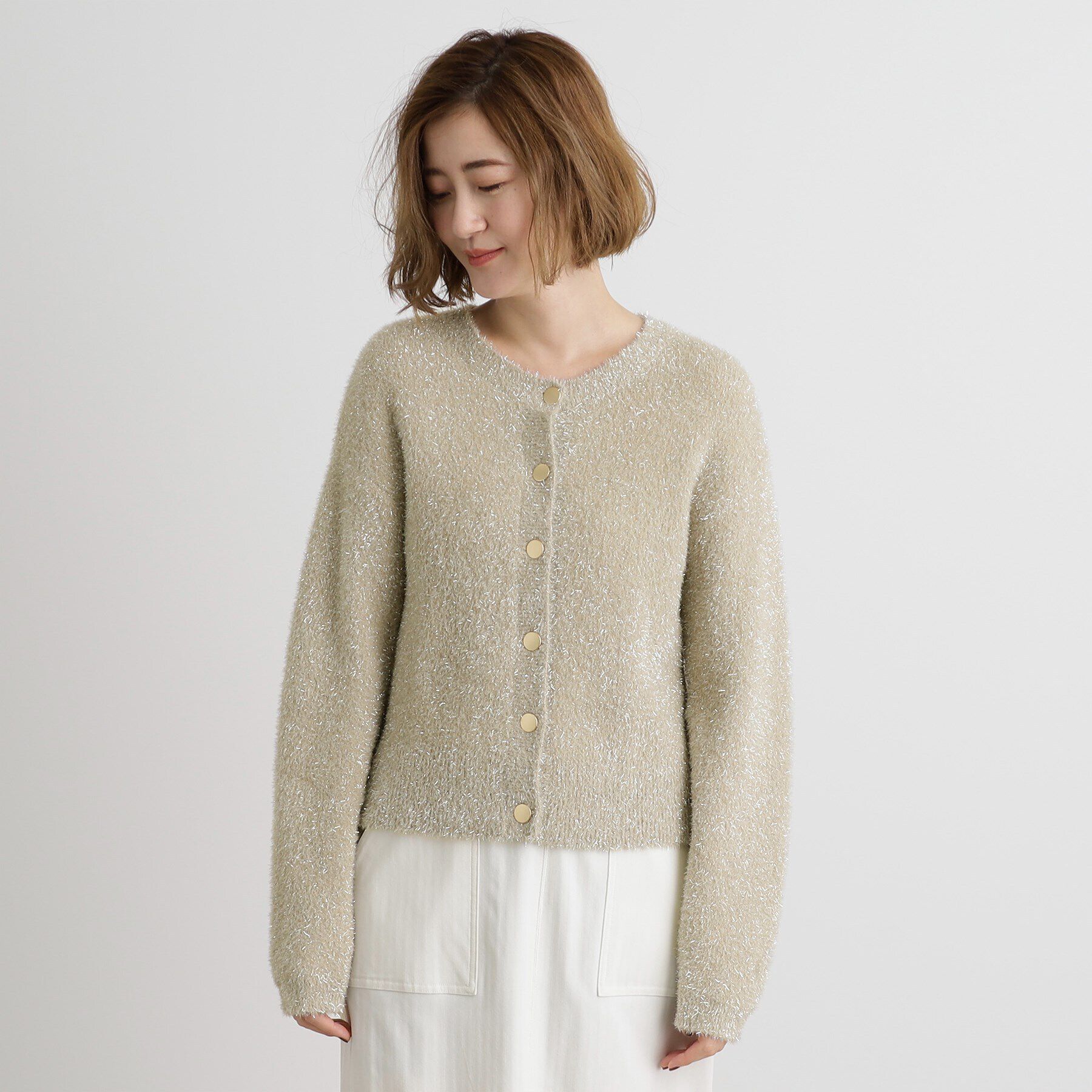 grove「ラメフェザークルーネックカーディガン」|カーディガン|