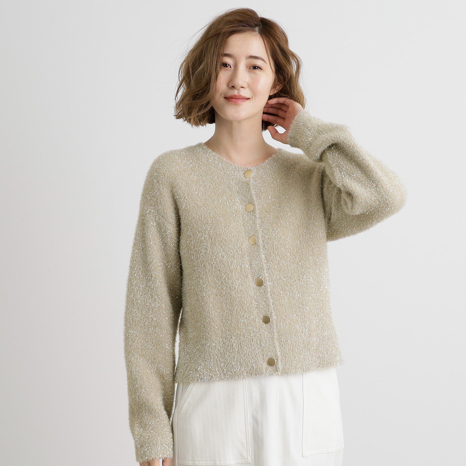 grove「ラメフェザークルーネックカーディガン」|カーディガン|