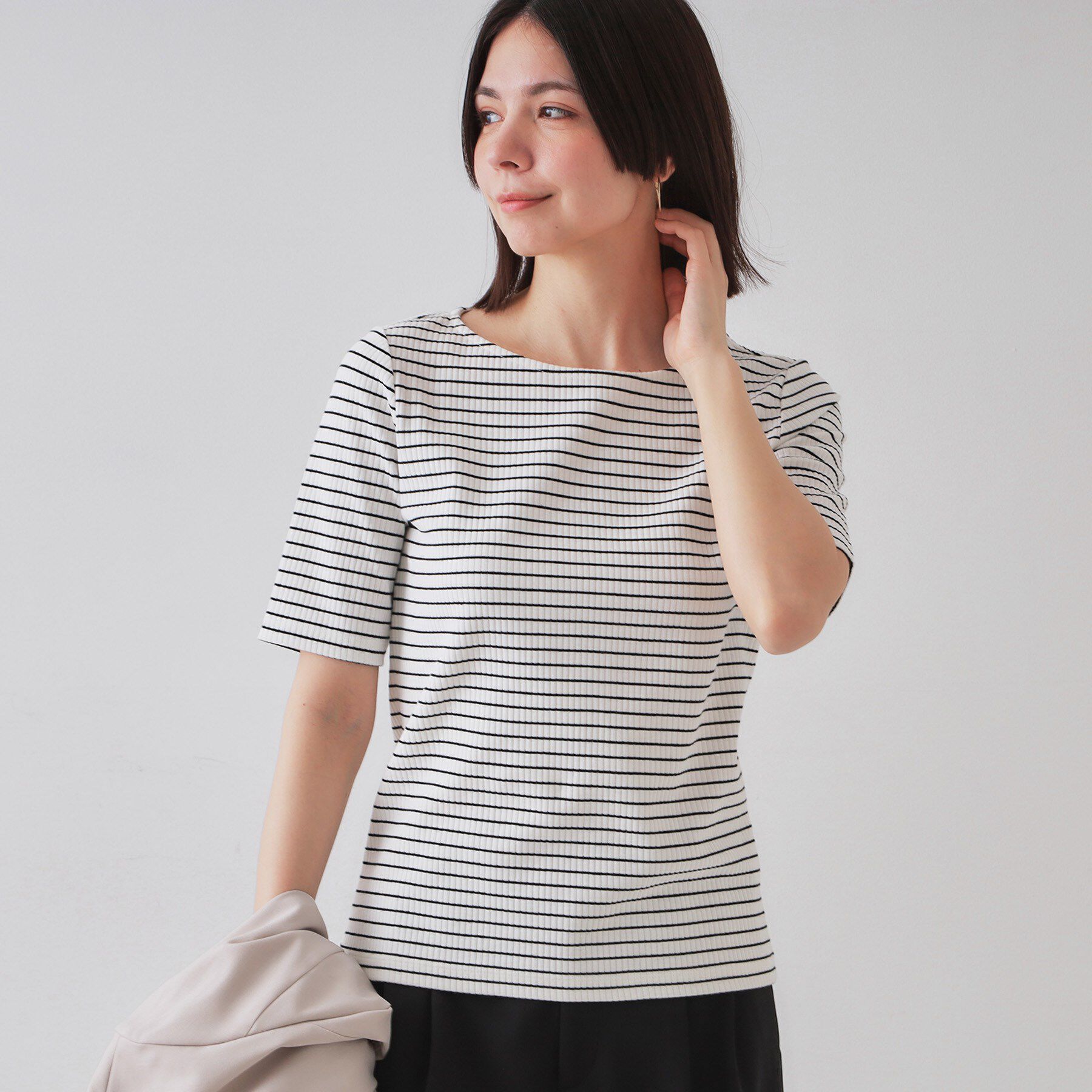 OPAQUE.CLIP「ボートネックリブカットソー【洗濯機洗い可】」|Tシャツ・カットソー|ホワイト(301)