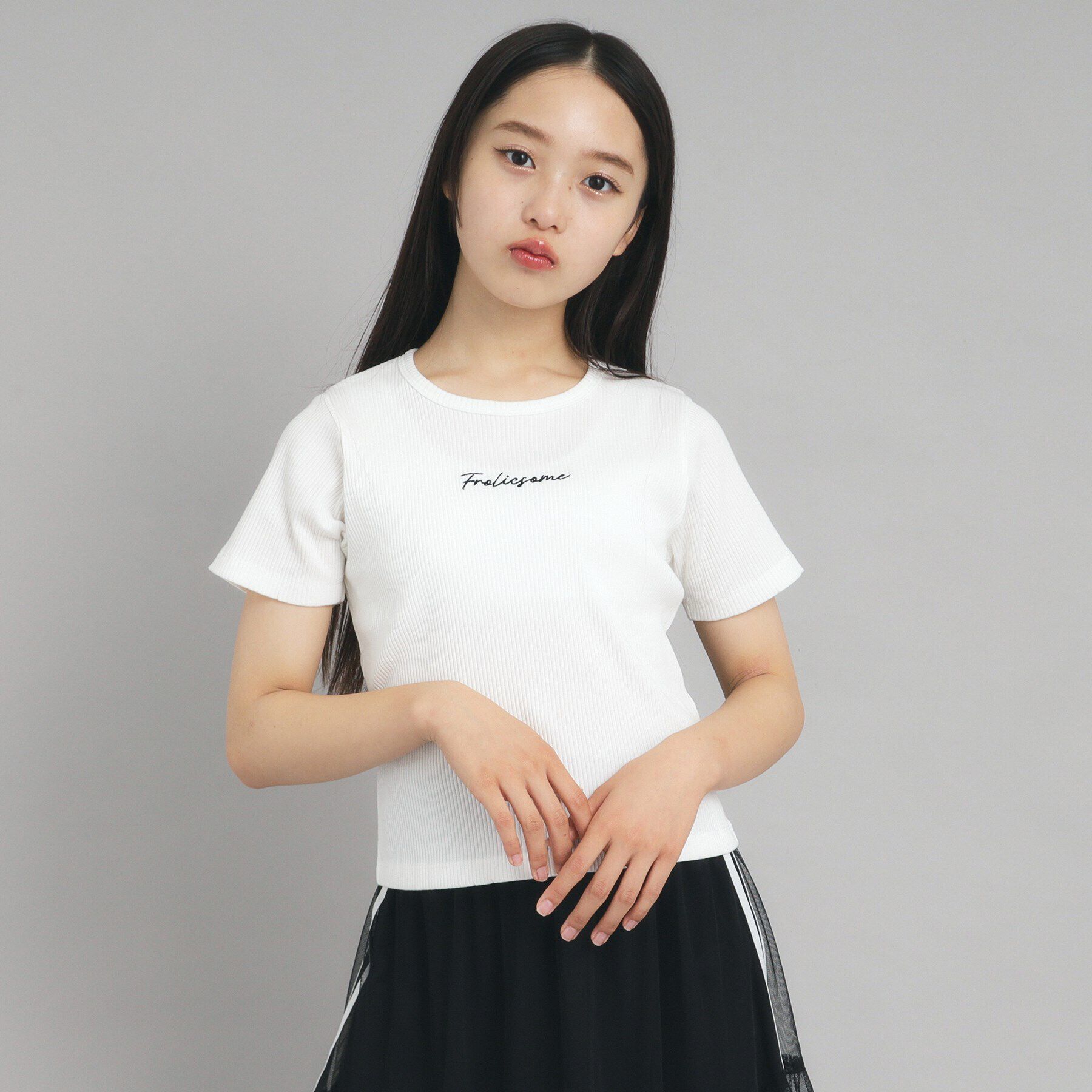 PINK-latte「【ニコプチ10月号掲載】コンパクトリブTシャツ」|Tシャツ・カットソー|ｵﾌﾎﾜｲﾄ(003)